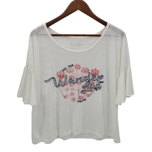 Jessica Simpson Womens Floral Bell Sleeve Boho Top Blouse Sz L White Wonder Lust - Picture 3 of 11